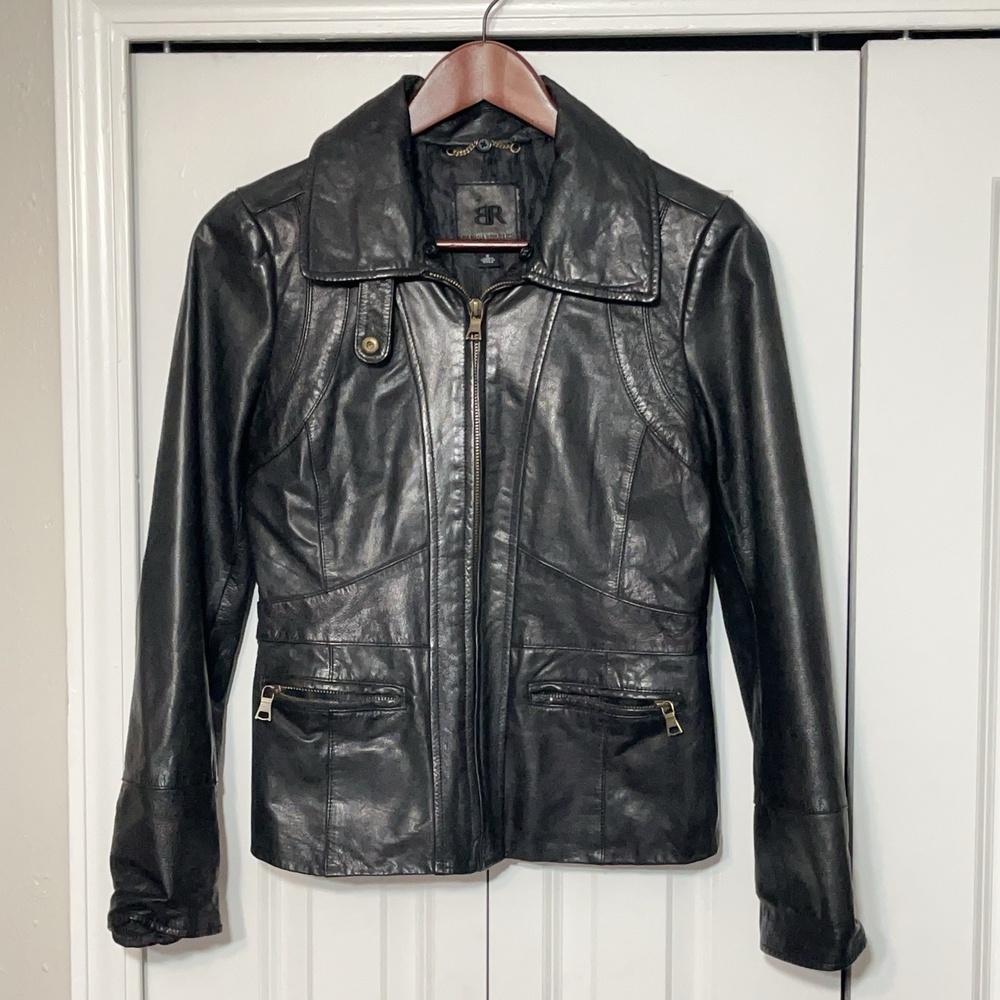 Banana Republic Lambskin Leather Jacket Womens S Black Zip Moto Biker Y2K Lamb